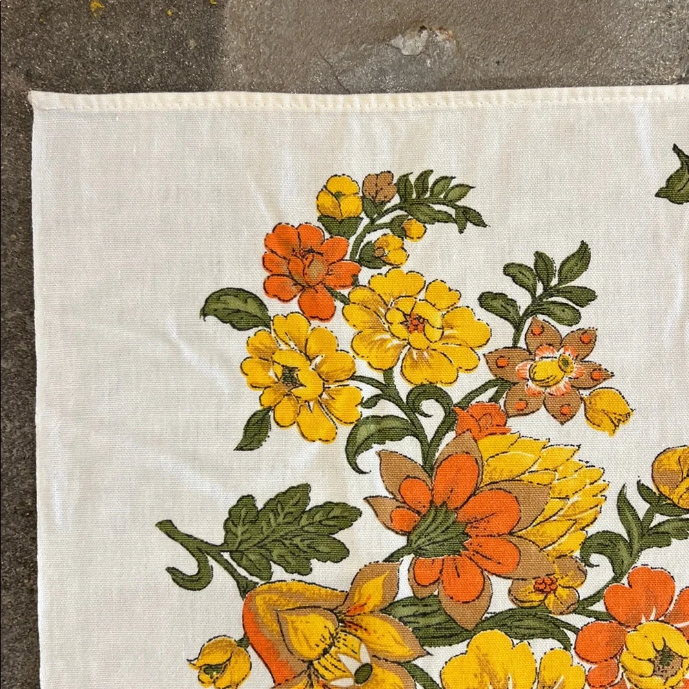 Vintage floral 52”X 48” squareish tablecloth yellow & oranges cotton Handmade